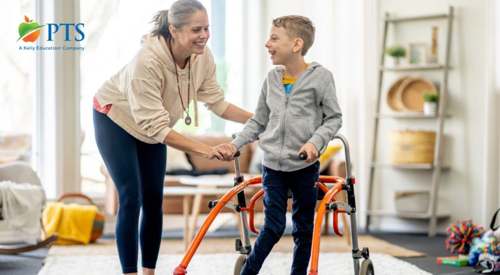 pediatric physical therapist with student doing job