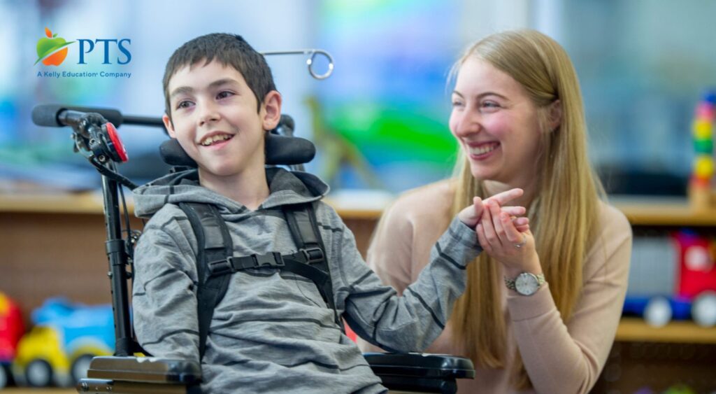 school system pediatric physical therapist with student